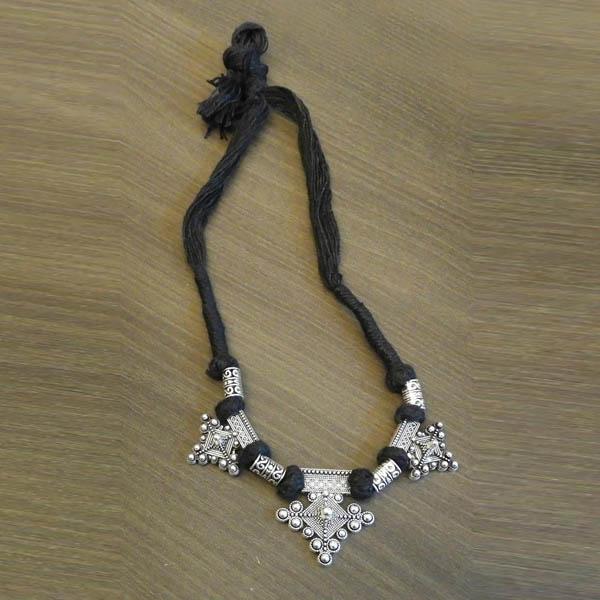 Jeweljunk Black Thread Silver Plated Tribal Necklace - 1111507B