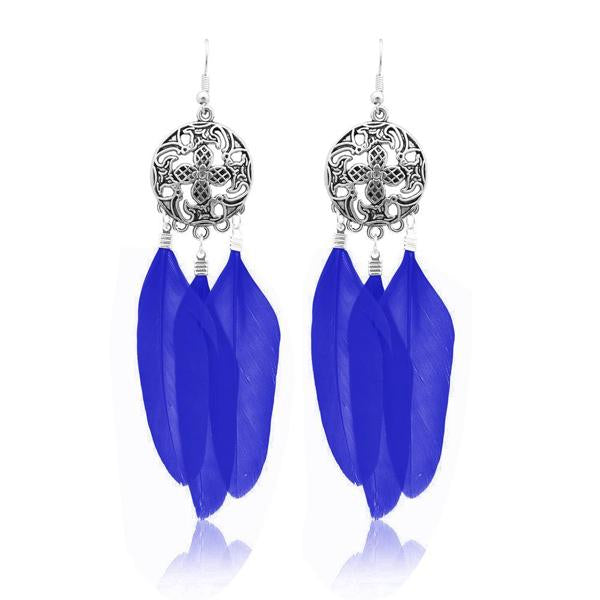Jeweljunk Rhodium Plated Blue Feather Earrings - 1310938A