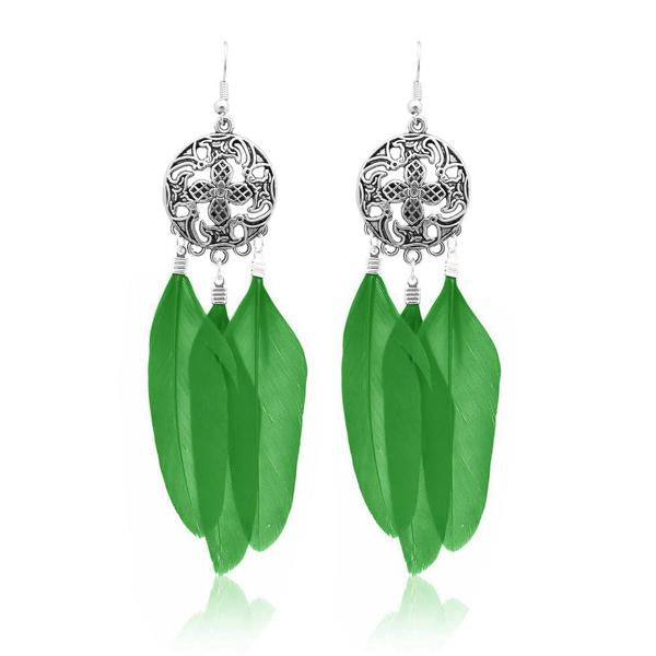 Jeweljunk Rhodium Plated Green Feather Earrings - 1310938D