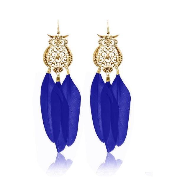 Jeweljunk Gold Plated Blue Owl Feather Earrings - 1310940A
