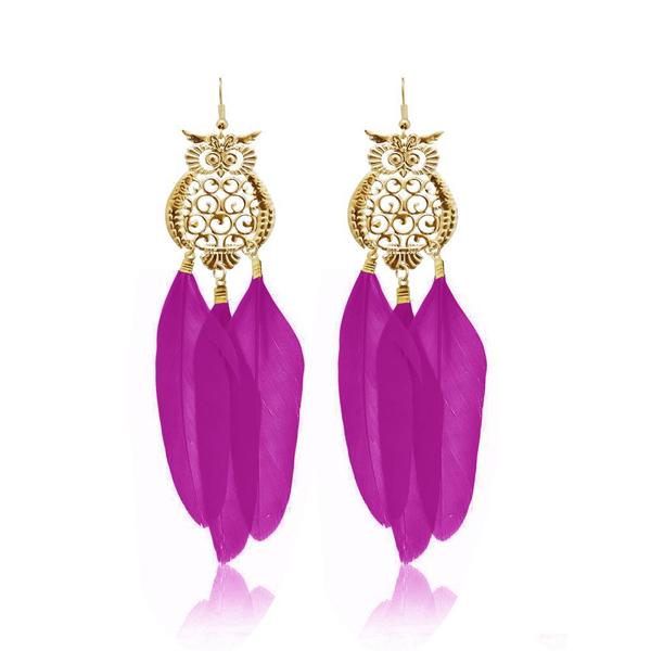 Jeweljunk Gold Plated Purple Owl Feather Earrings - 1310940E