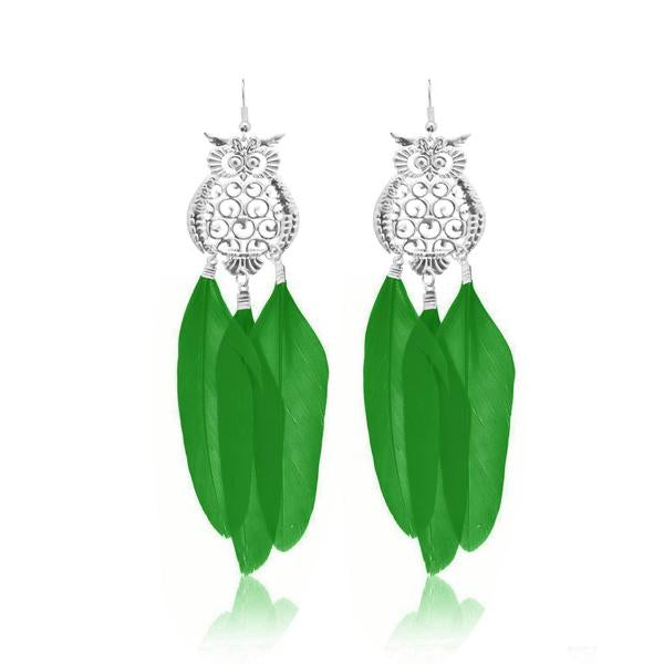 Jeweljunk Rhodium Plated Green Owl Feather Earrings - 1310941B