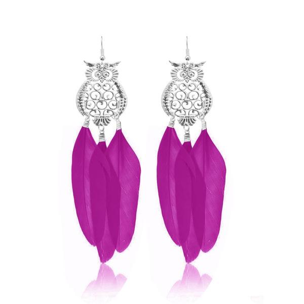 Jeweljunk Rhodium Plated Purple Owl Feather Earrings - 1310941E