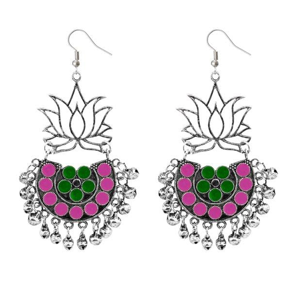 Jeweljunk Silver Plated Green & Pink Meenakari Afghani Earrings - 1311079D