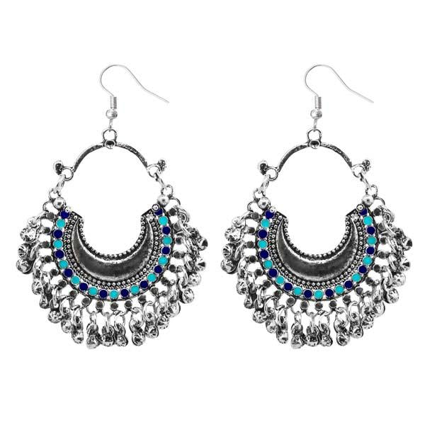 Jeweljunk Rhodium Plated Blue Meenakari Afghani Earrings - 1311082B