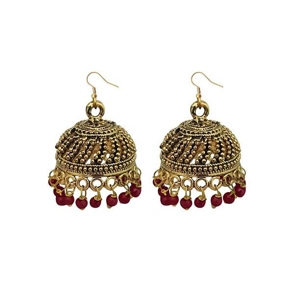 Jeweljunk Maroon Beads Antique Gold Plated Jhumki Earrings - 1309339D