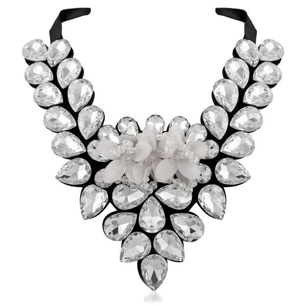 Yoona White Crystal Stone Black Ribbon Necklace Set - 1111224A