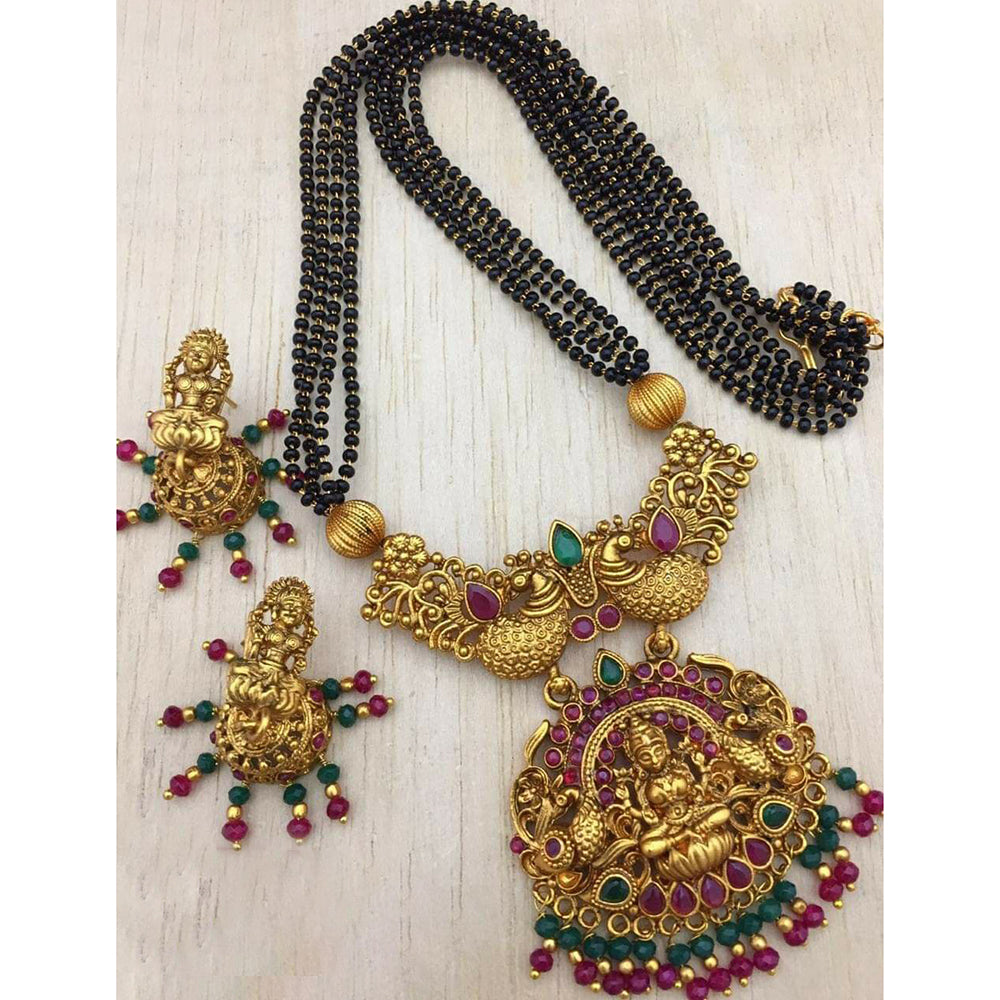 India Art  Gold Plated Pink & Green Pota Stone Traditional Mangalsutra Set