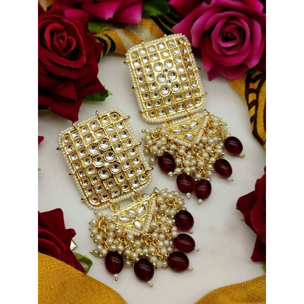 India Art Gold Plated Kundan Stone & Beads Dangler Earrings