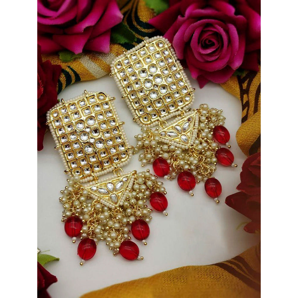 India Art Gold Plated Kundan Stone & Beads Dangler Earrings