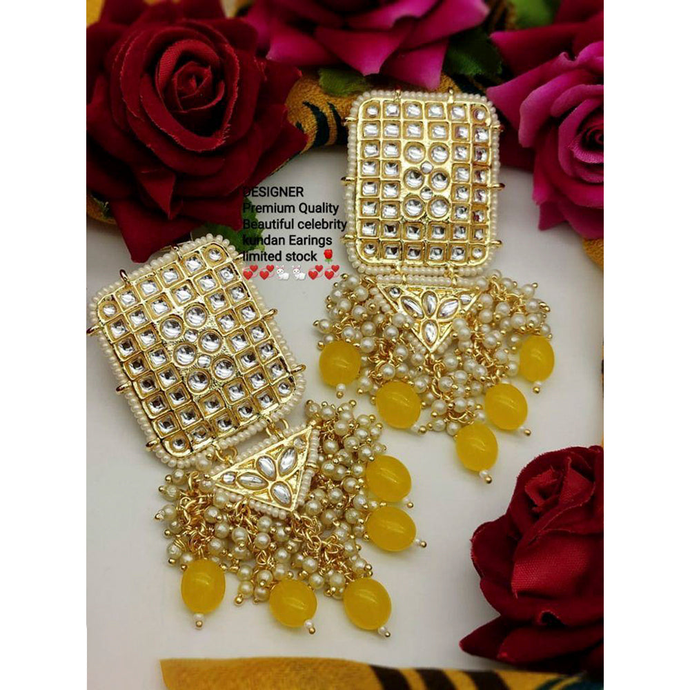 India Art Gold Plated Kundan Stone & Beads Dangler Earrings