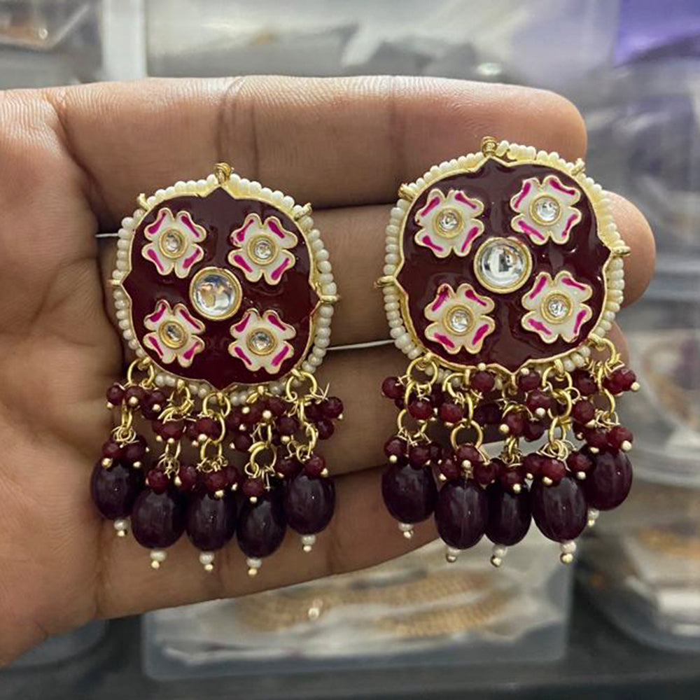 India Art Gold Plated Meenakari Kundan Stone & Beads Dangler Earrings