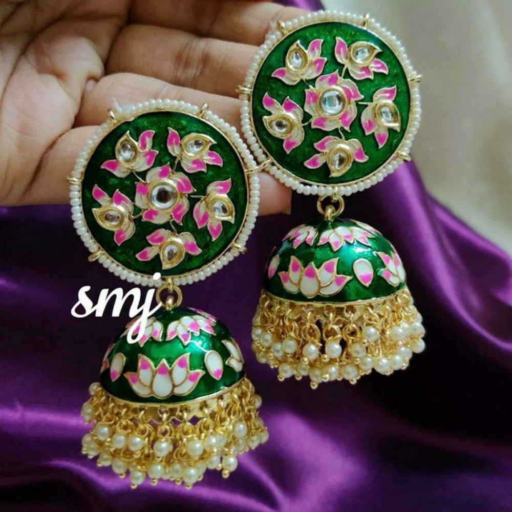India Art Gold Plated Kundan And Meenakari Designer Jhumki Earrings