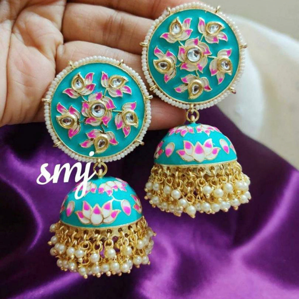 India Art Gold Plated Kundan And Meenakari Designer Jhumki Earrings