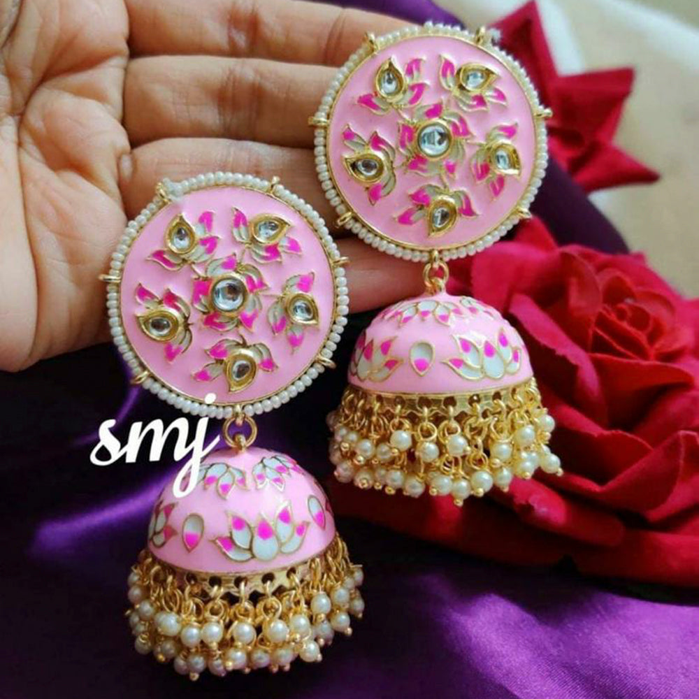 India Art Gold Plated Kundan And Meenakari Designer Jhumki Earrings