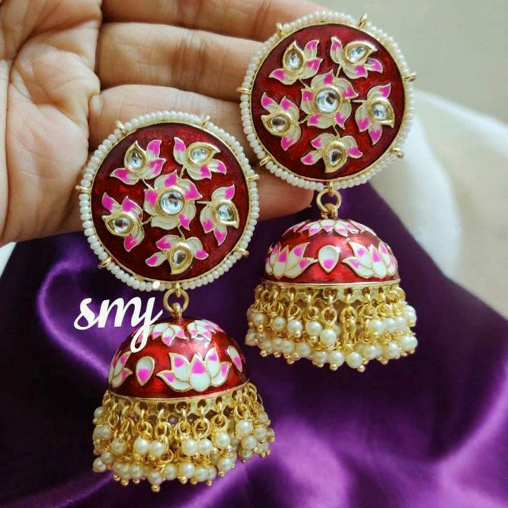 India Art Gold Plated Kundan And Meenakari Designer Jhumki Earrings