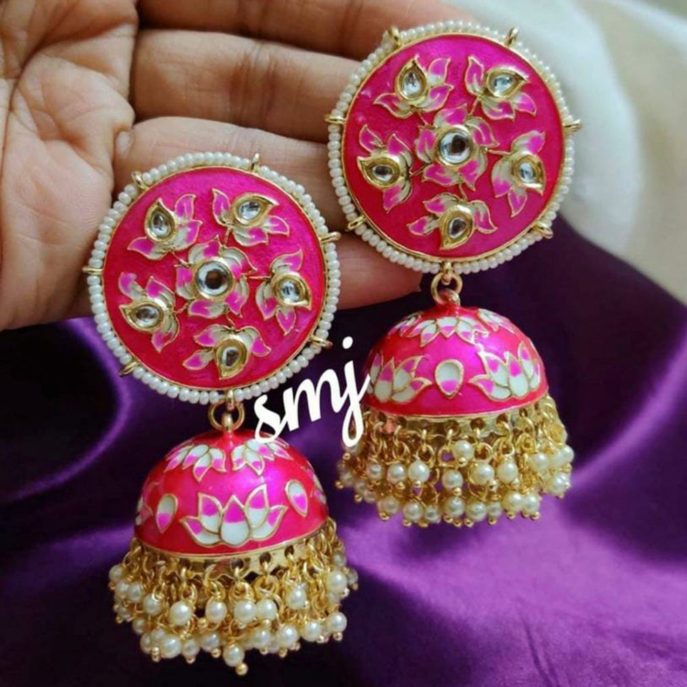 India Art Gold Plated Kundan And Meenakari Designer Jhumki Earrings