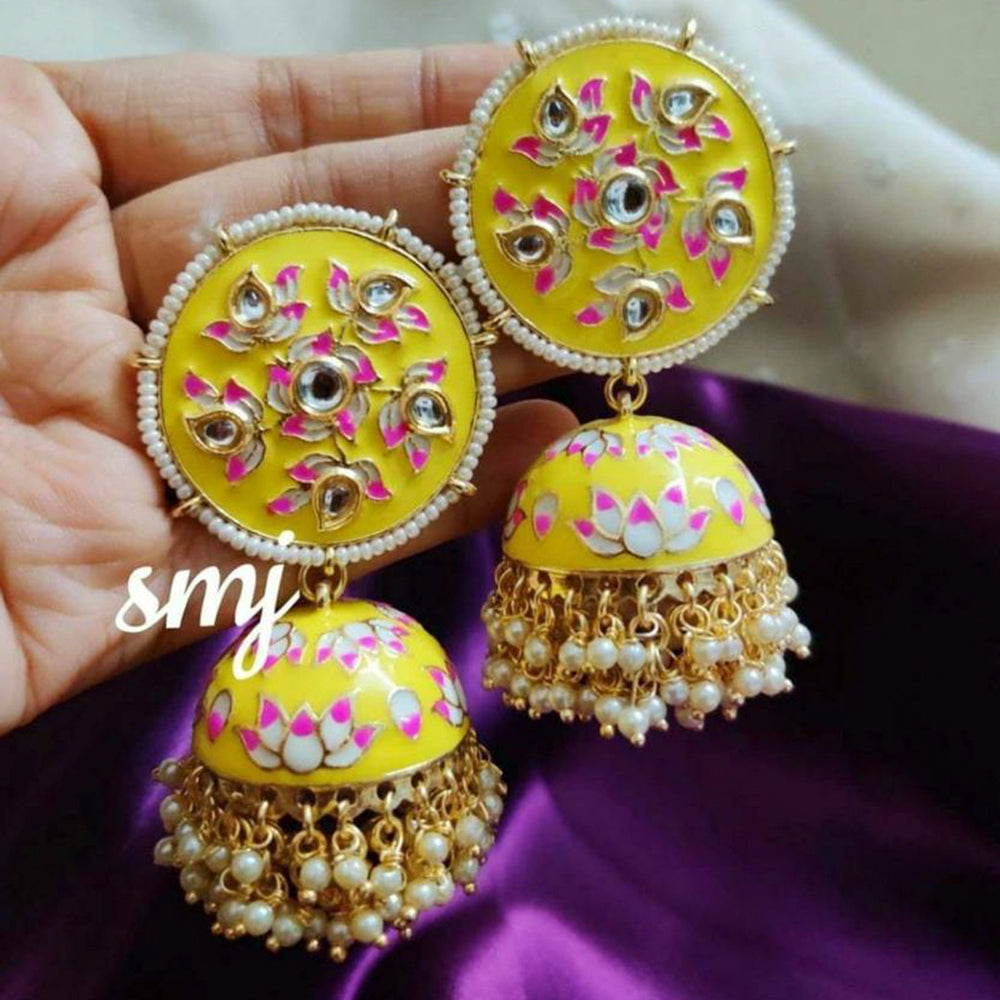 India Art Gold Plated Kundan And Meenakari Designer Jhumki Earrings