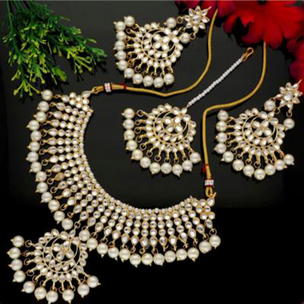 India Art Gold Plated Kundan Stone & Beads Choker Necklace Set