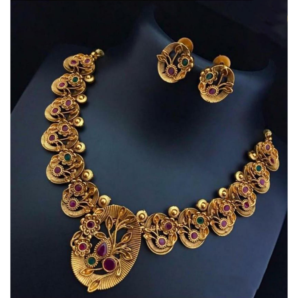 India Art Gold Plated Pink & Green Pota Stone Necklace Set
