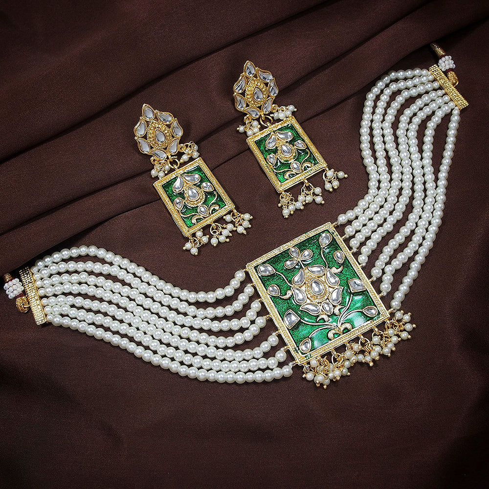 Etnico 18K Gold Plated Traditional Pearl & Kundan Meenakari Multistrand Necklace Jewellery Set With Earrings For Women (K118G)