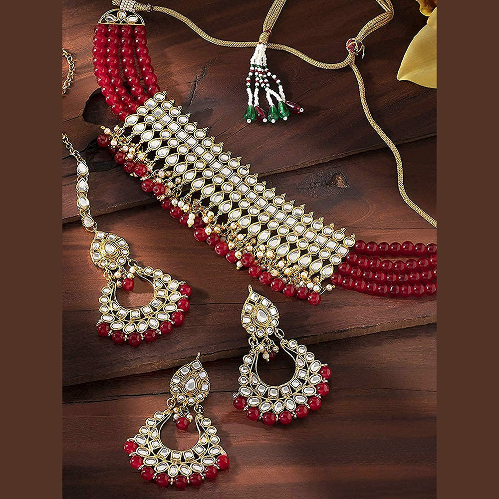 Etnico 18K Gold-Plated Kundan & Pearl Studded Choker Necklace Jewellery Set for Women Kundan & Girls (K7083R)