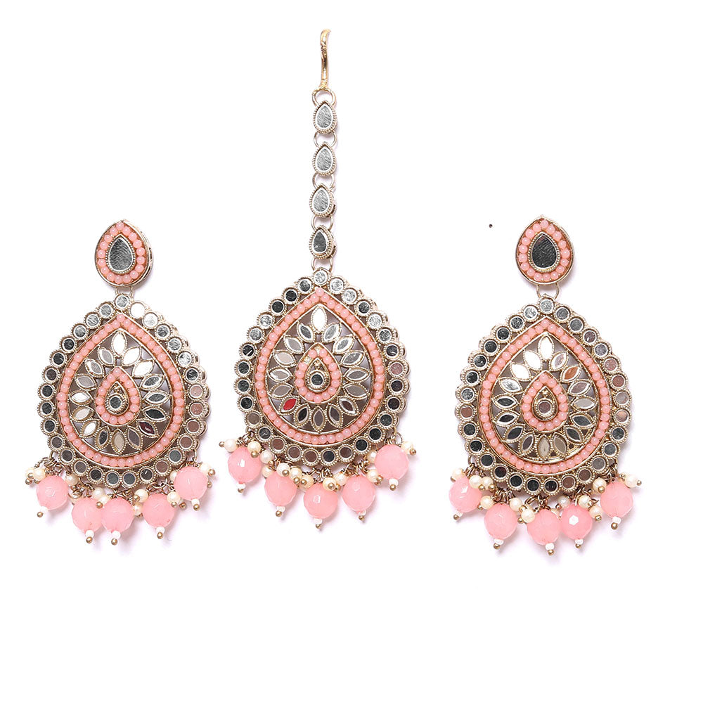 Kayaa Gold Plated Mirror BabyPink Earring and Maang Tikka Set for Women