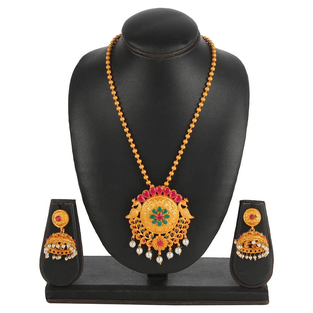 Kord Store Peacock Design Gold Plated Long Haram Necklace Set For Women - KSNKE60145