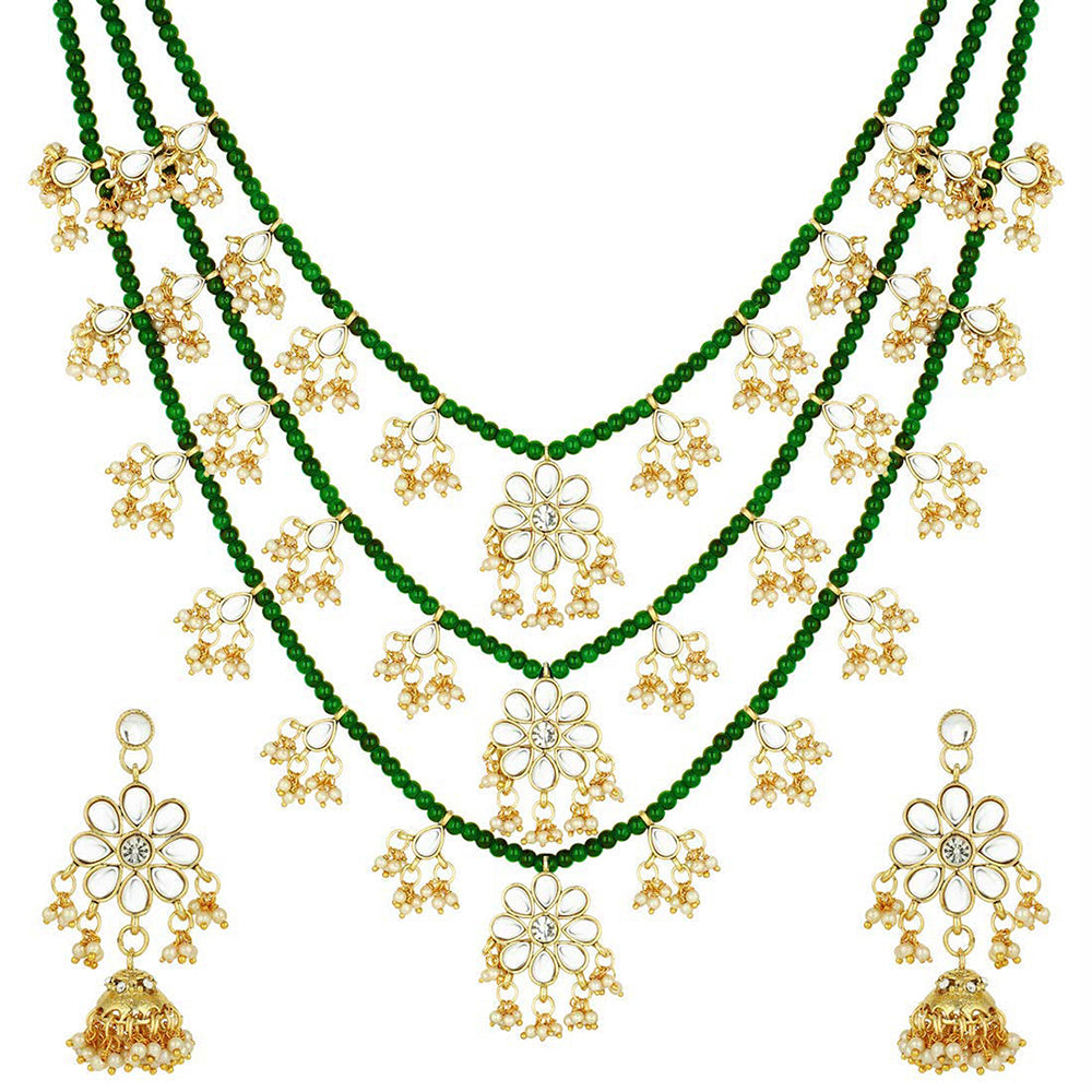 Etnico 3 Layered Multi Strand Floral Kundan & Pearl Beaded Necklace For Women/ Girls (M4094G)
