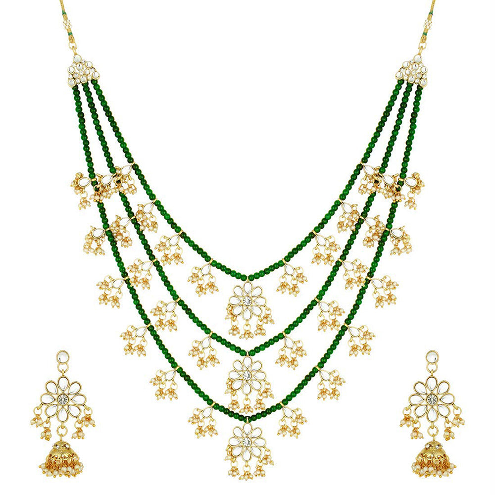 Etnico 3 Layered Multi Strand Floral Kundan & Pearl Beaded Necklace For Women/ Girls (M4094G)