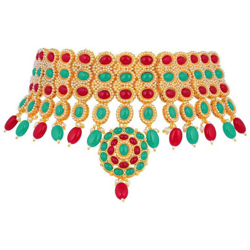 Etnico Traditional Deepika Style Gold Plated Multicolour Bridal Pearl Choker Necklace Set with Maang Tikka for Women