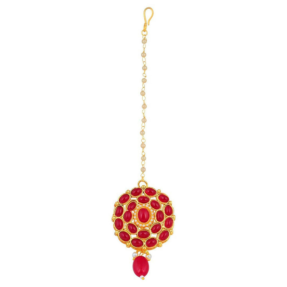 Etnico Traditional Deepika Style Red Gold Plated Bridal Pearl Choker Necklace Set with Maang Tikka for Women