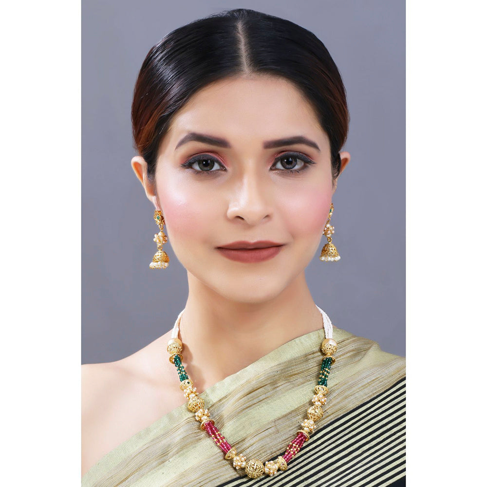 Etnico 18K Gold Plated Intricately Designed Traditional Long Emerald Green Multi String Brass Necklace Set With Earrings (MC032)