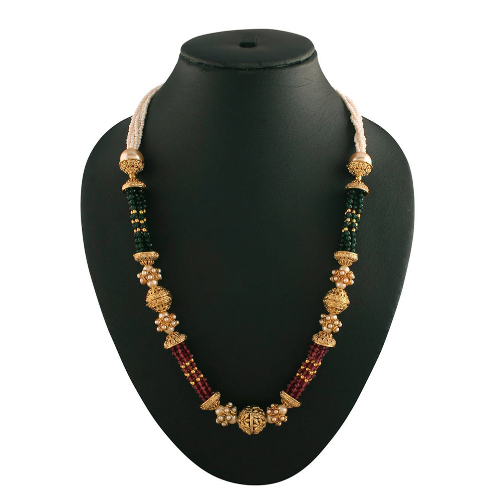 Etnico 18K Gold Plated Intricately Designed Traditional Long Emerald Green Multi String Brass Necklace Set With Earrings (MC032)