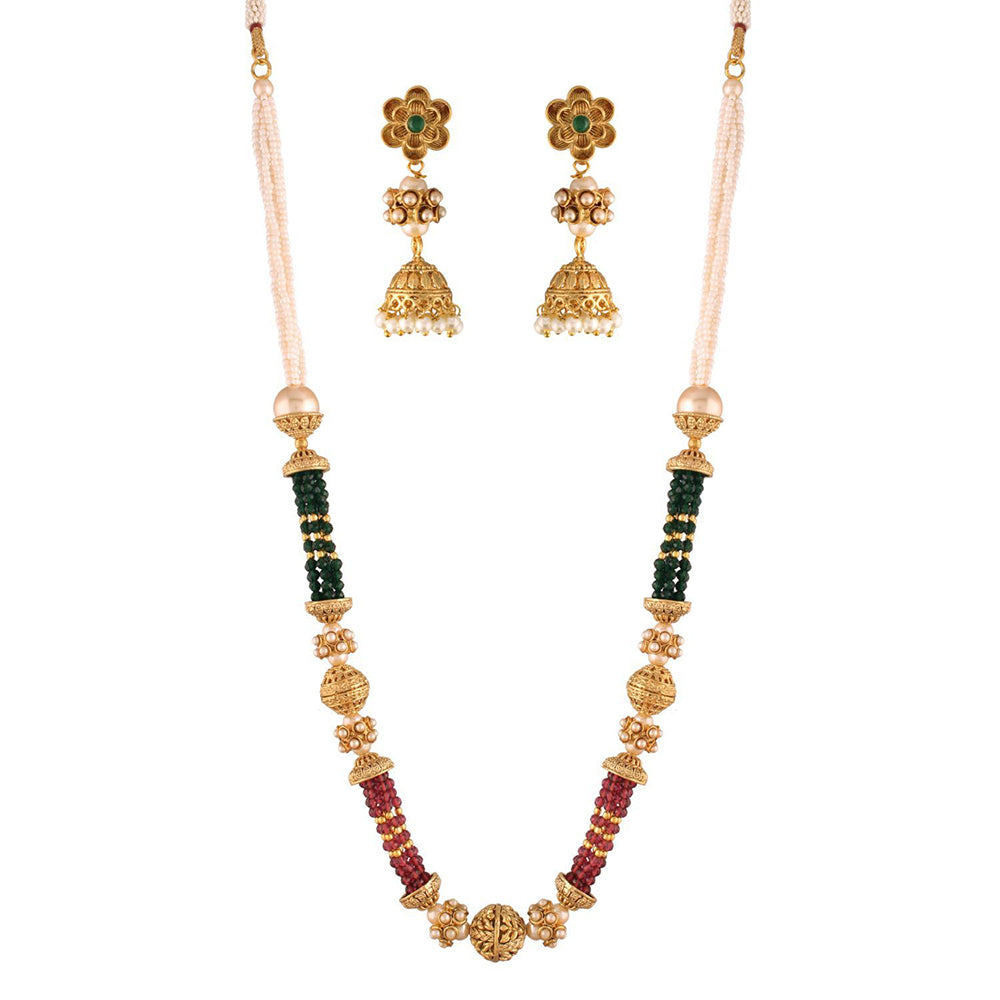 Etnico 18K Gold Plated Intricately Designed Traditional Long Emerald Green Multi String Brass Necklace Set With Earrings (MC032)