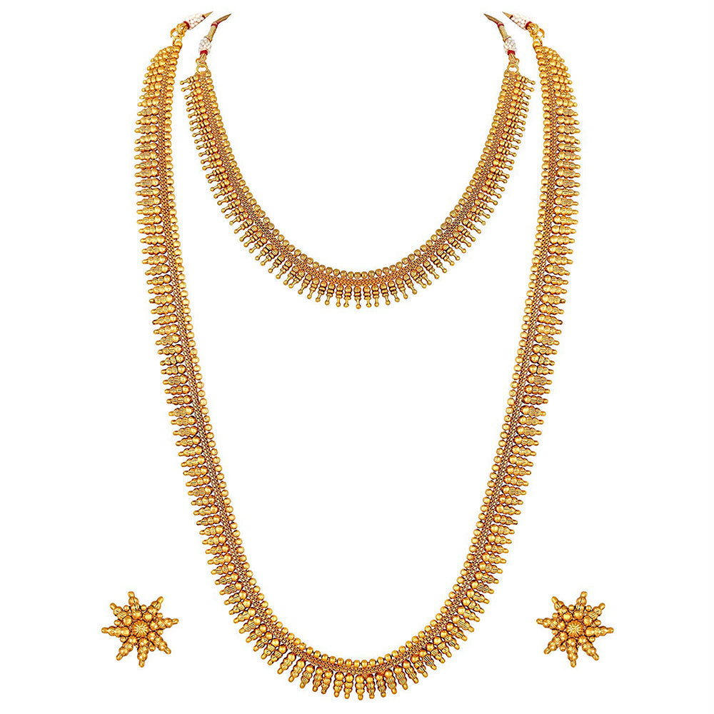 Etnico 18K Gold Plated Traditional South Indian Stylish Golden Leaf Work Necklace With Earrings For Women & Girls (MC044)