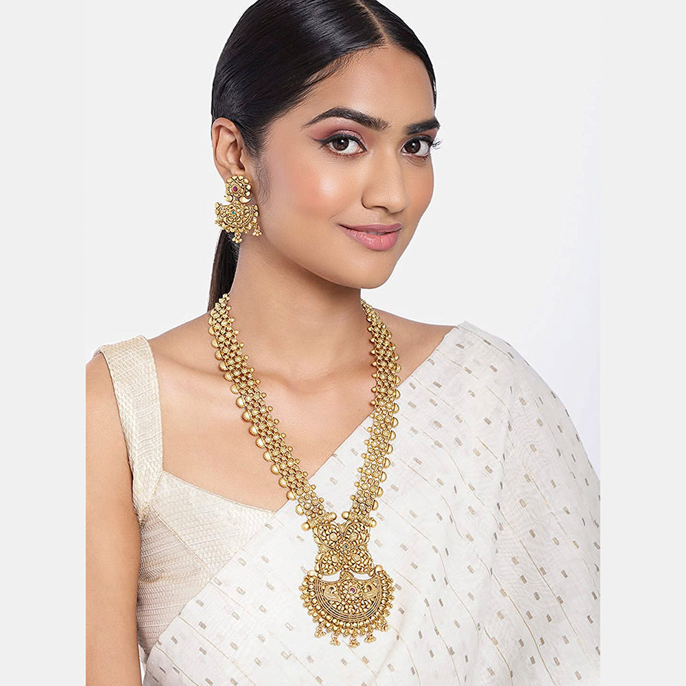 Etnico 18k Rajwadi Gold Plated Traditional Long Brass Jewellery Set With Earrings Intricately Engraved With Bride & Groom Figurines (MC048)