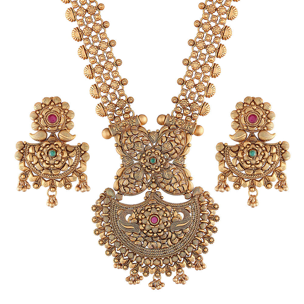 Etnico 18k Rajwadi Gold Plated Traditional Long Brass Jewellery Set With Earrings Intricately Engraved With Bride & Groom Figurines (MC048)
