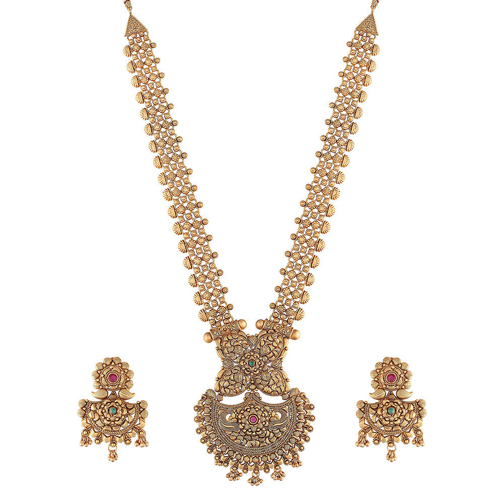 Etnico 18k Rajwadi Gold Plated Traditional Long Brass Jewellery Set With Earrings Intricately Engraved With Bride & Groom Figurines (MC048)
