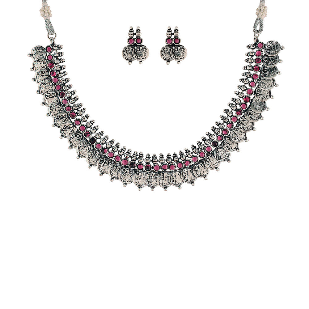 Etnico 18K Silver Oxidised Traditional South Indian Style Coin Necklace With Earrings For Women & Girls (MC063ZQ)