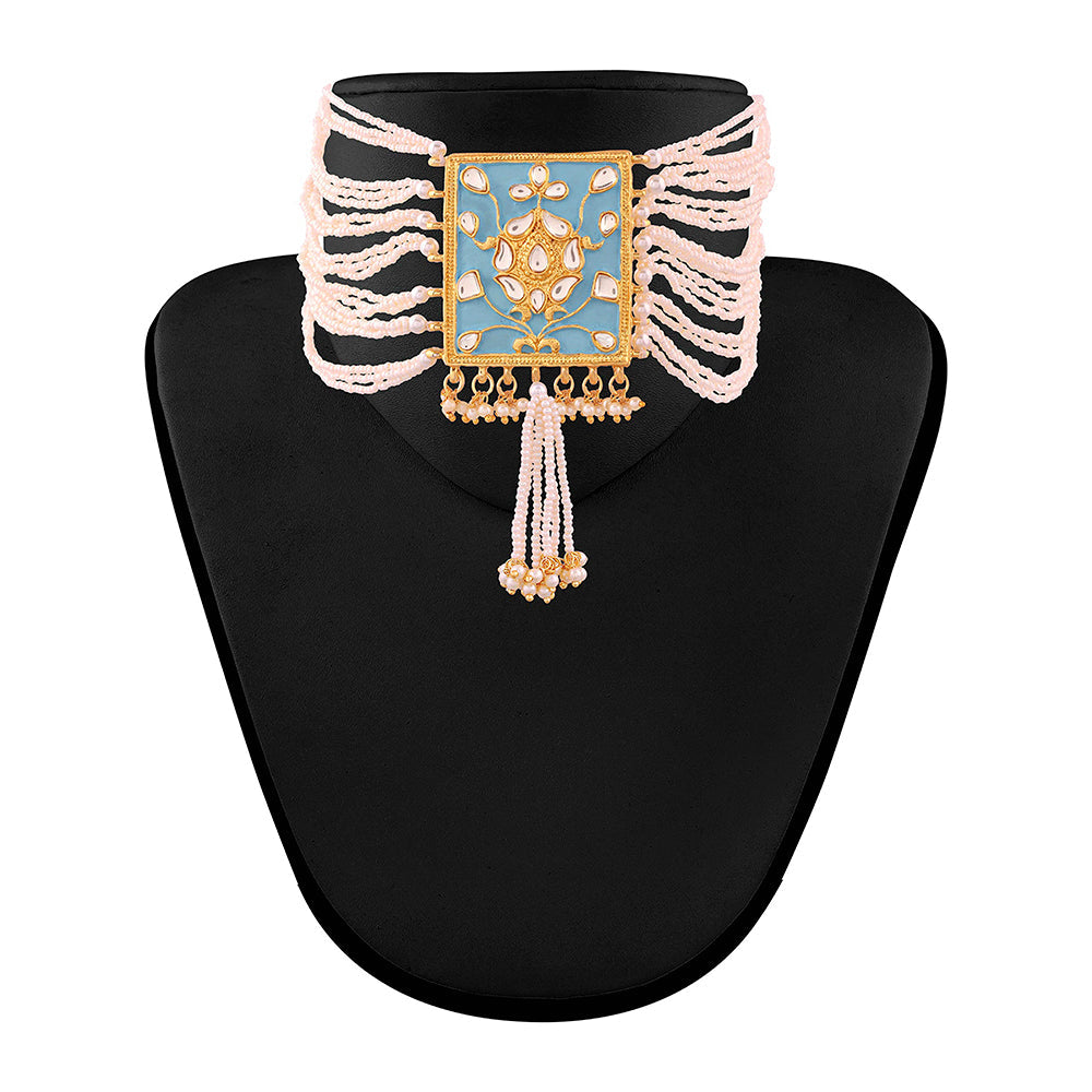 Etnico 18K Gold Plated Traditional Padmavati Pearl & Kundan Meenakari Necklace Jewellery With Earrings For Women (ML118SB)