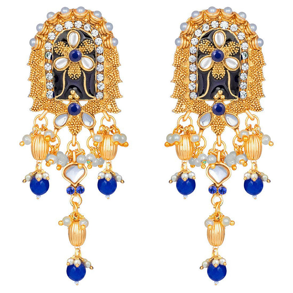 Etnico 18K Gold Plated Traditional Pearl Beaded Multi Strand Meena Work Long Necklace Jewellery Set & Earrings Set For Women (ML181Bl)