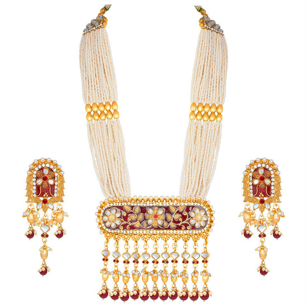 Etnico 18K Gold Plated Traditional Pearl Beaded Multi Strand Meena Work Long Necklace Jewellery Set & Earrings Set For Women (ML181M)