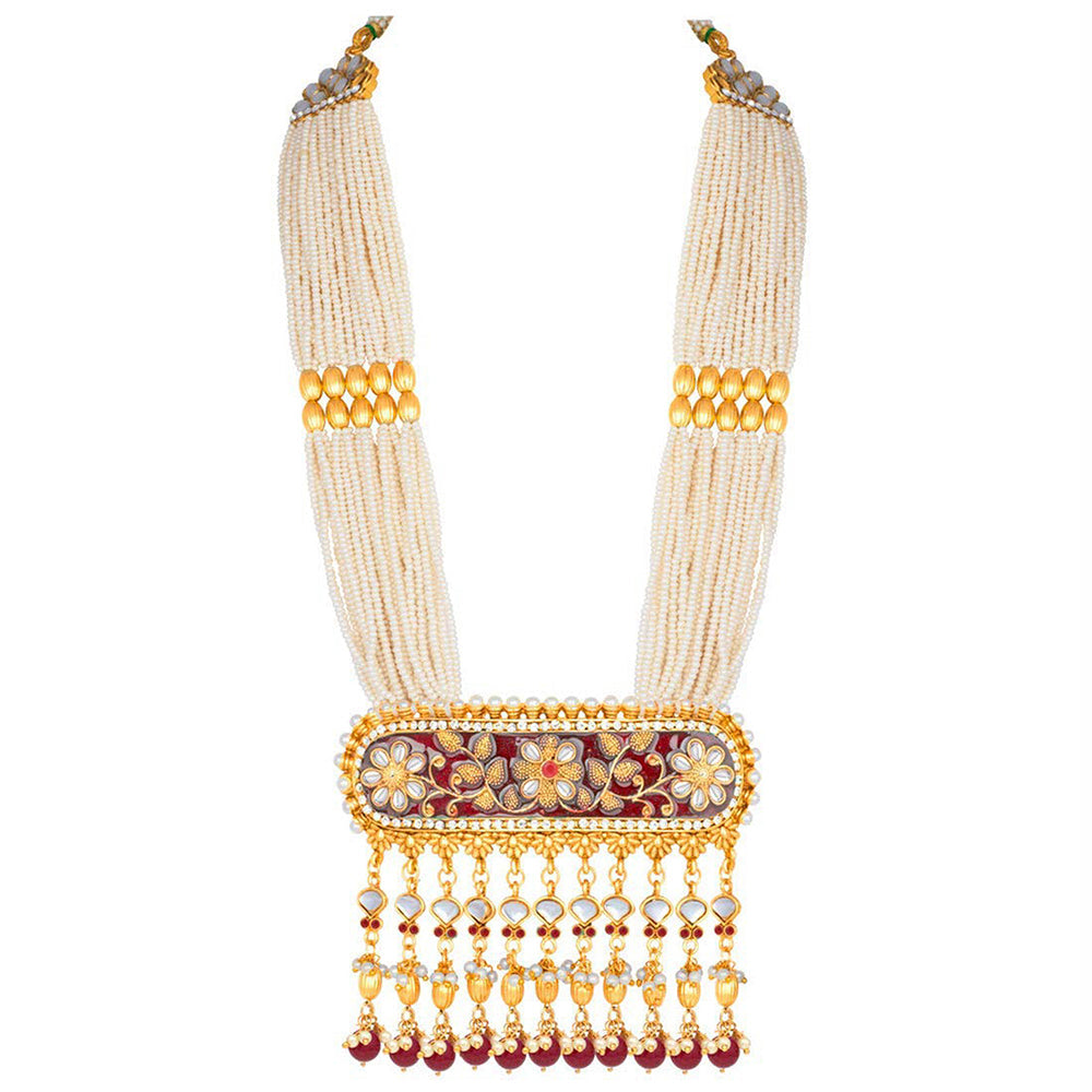 Etnico 18K Gold Plated Traditional Pearl Beaded Multi Strand Meena Work Long Necklace Jewellery Set & Earrings Set For Women (ML181M)