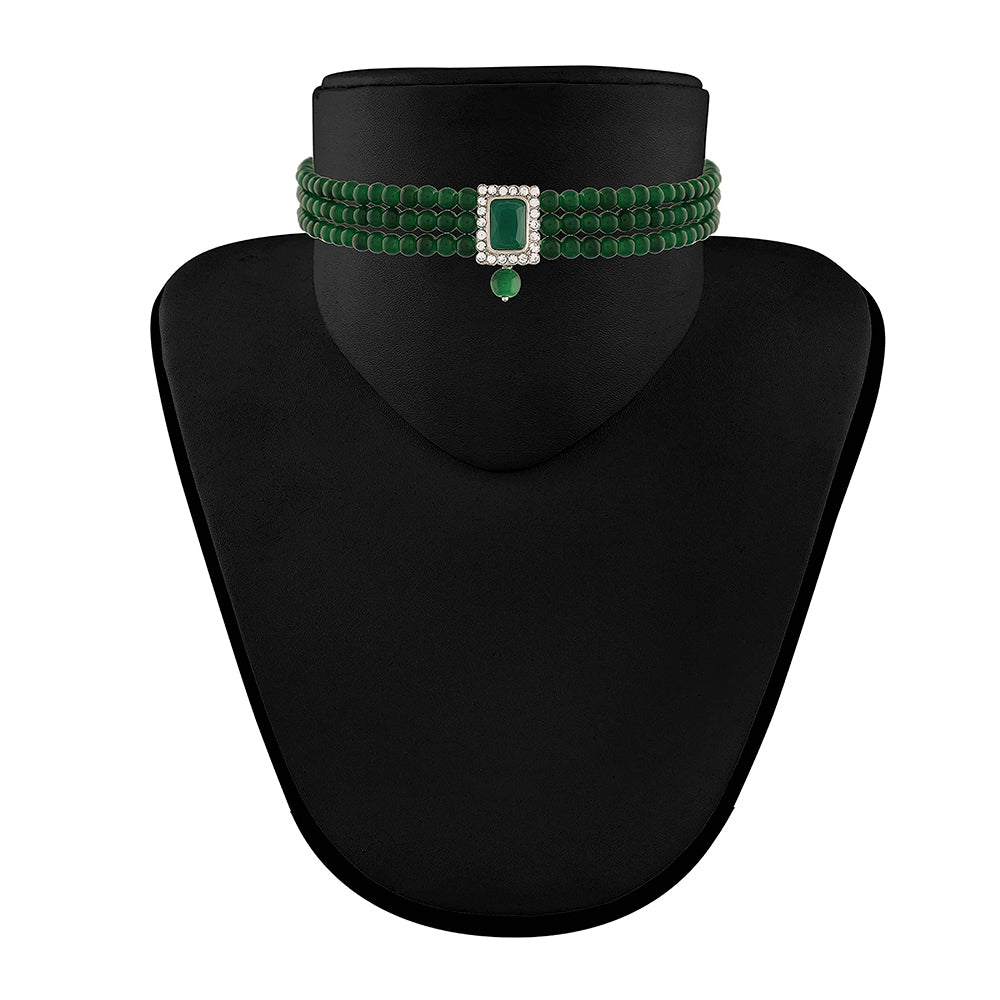 Etnico 18K Rhodium Plated Stone Studded Pearl Choker Necklace Jewellery Set With Earrings For Women (ML237ZG)