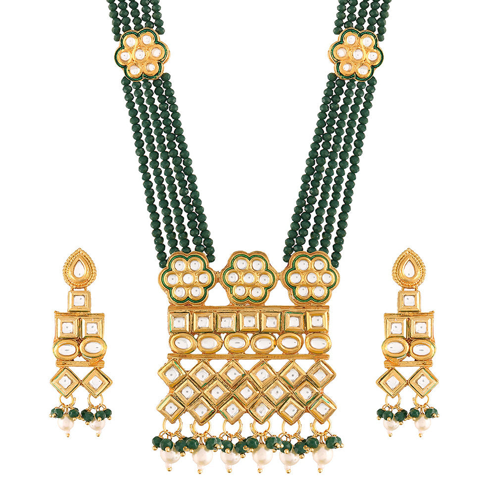 Etnico 18K Gold Plated Intricately Designed Traditional Uncut Polki Kundan Brass Necklace Jewellery Set With Earrings Emerald Crystal Onyx Long Mala for Women (ML252G)