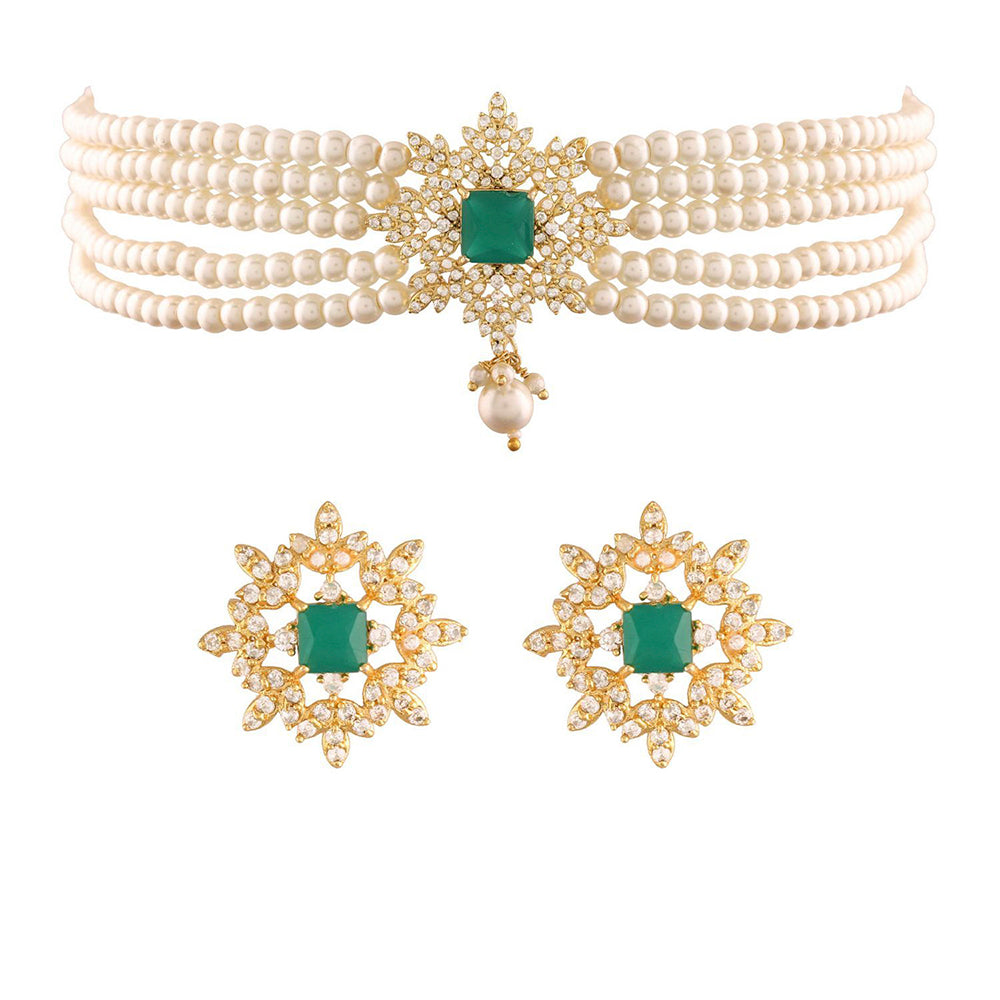 Etnico 18K Gold Plated Traditional CZ Crystal with Pearl Choker Necklace Jewellery Set for Women/Girls (ML261G)