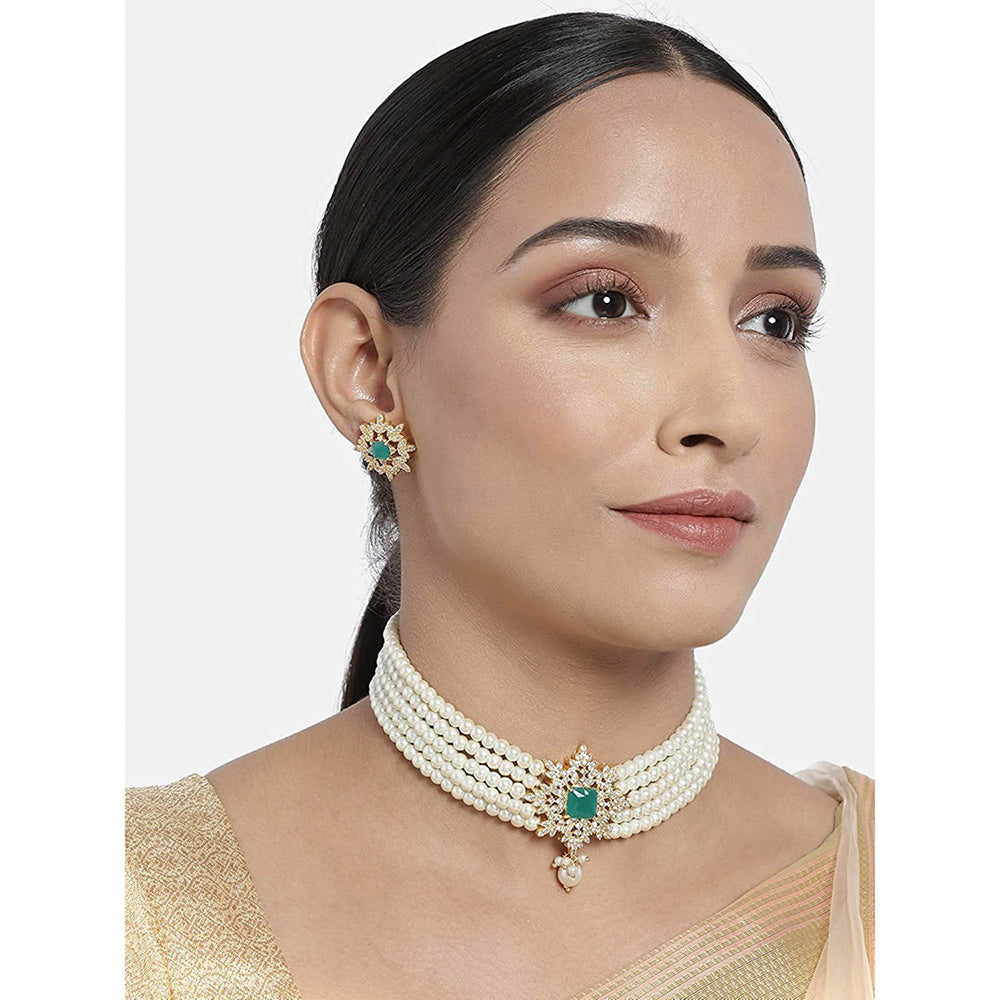 Etnico 18K Gold Plated Traditional CZ Crystal with Pearl Choker Necklace Jewellery Set for Women/Girls (ML261G)