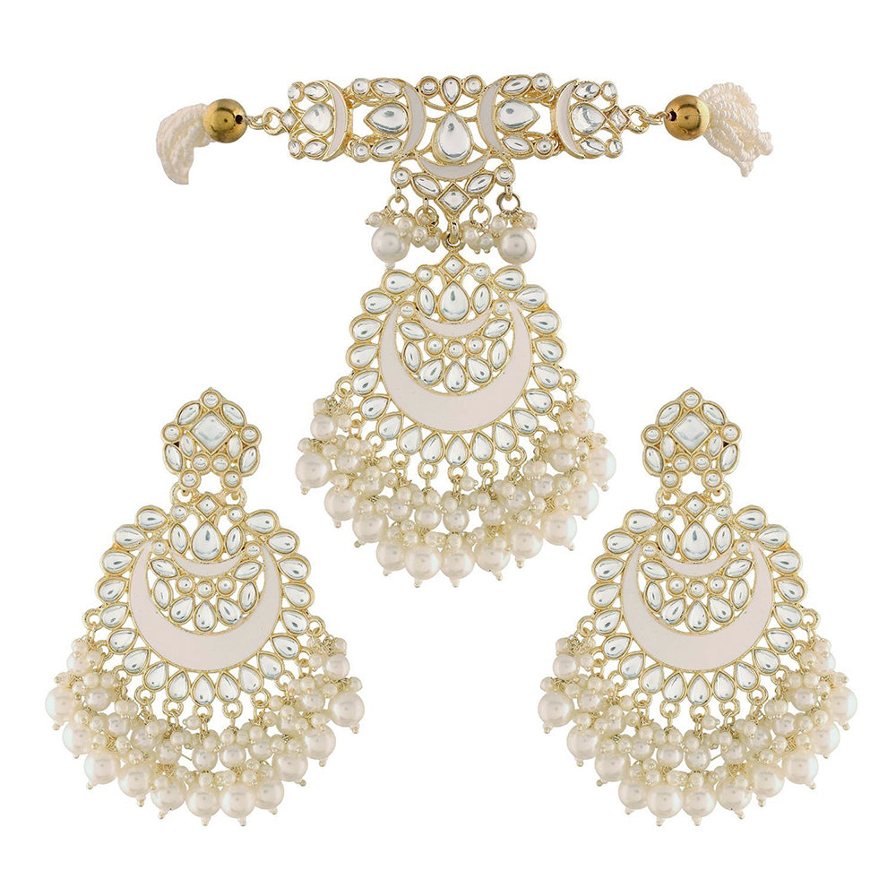Etnico18k Gold Plated White Meenakari Pearl & Kundan Studded Choker Necklace Jewellery Set For Women/Girls (ML306W)