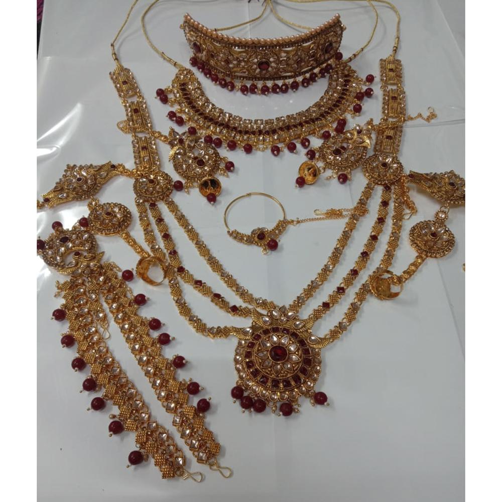 Neetu Art Gold Plated Maroon Stone And Kundan Bridal Jewellery Set for Women - NABridal30